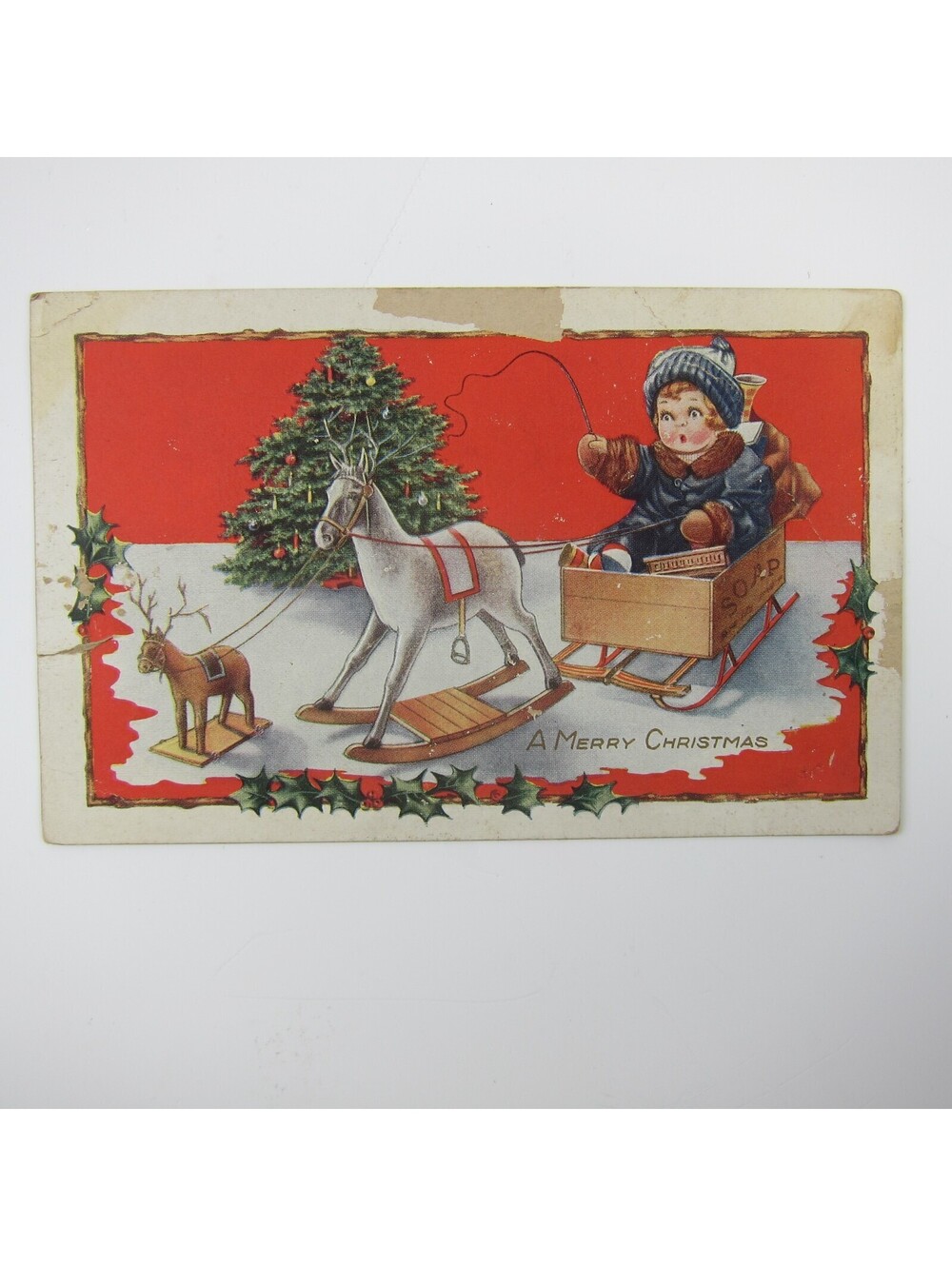 Antique Christmas Postcard Boy Sled Rocking Horse Deer Tree Whitney Embossed